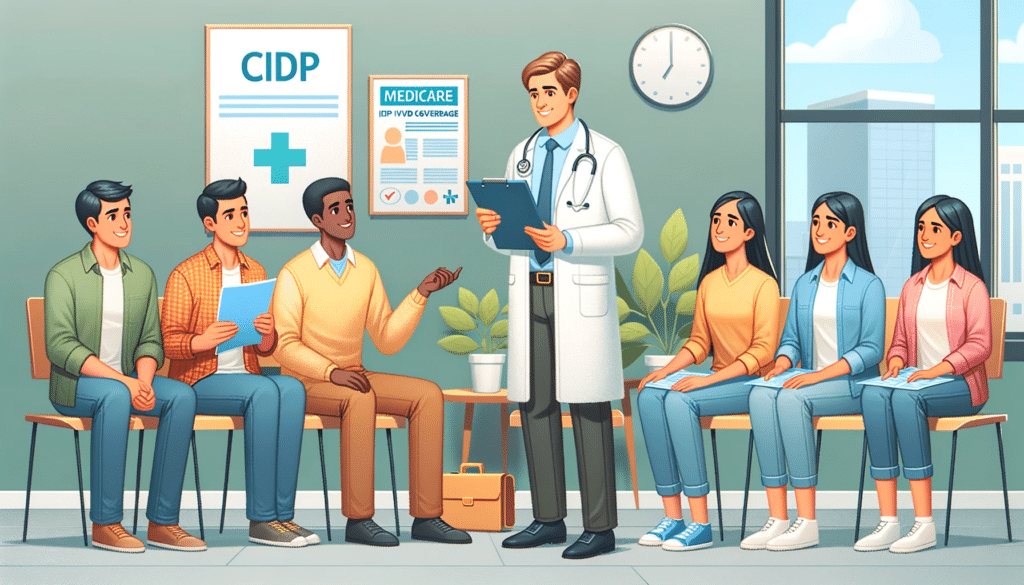 drawing of patients sitting in an exam room while doctor explains does Medicare cover IVIG for CIDP