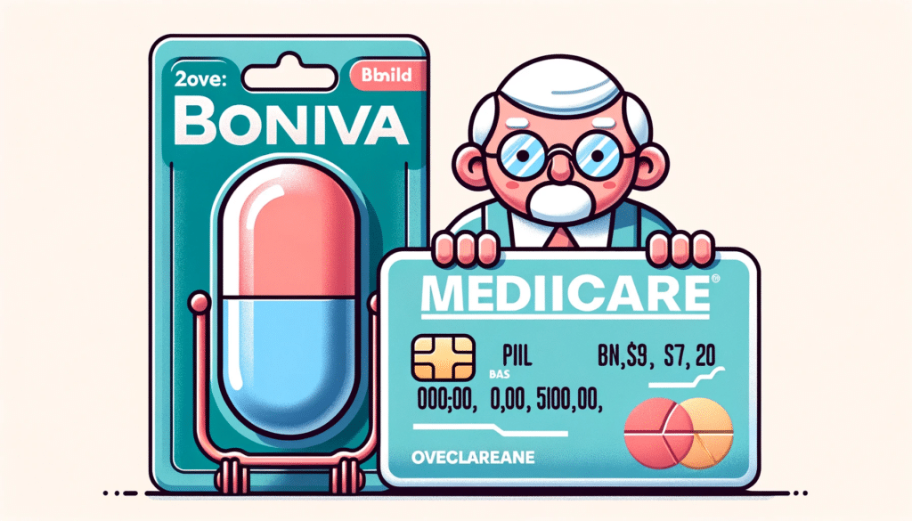 cartoon of senior holding medicare card next to a package of Boniva