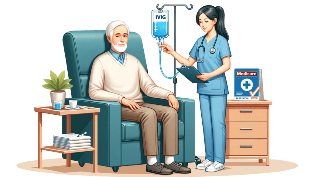 patient sitting in a chair with an IV containing IVIG with a nurse standing next to him. There is a Medicare sign on a table behind the nurse.