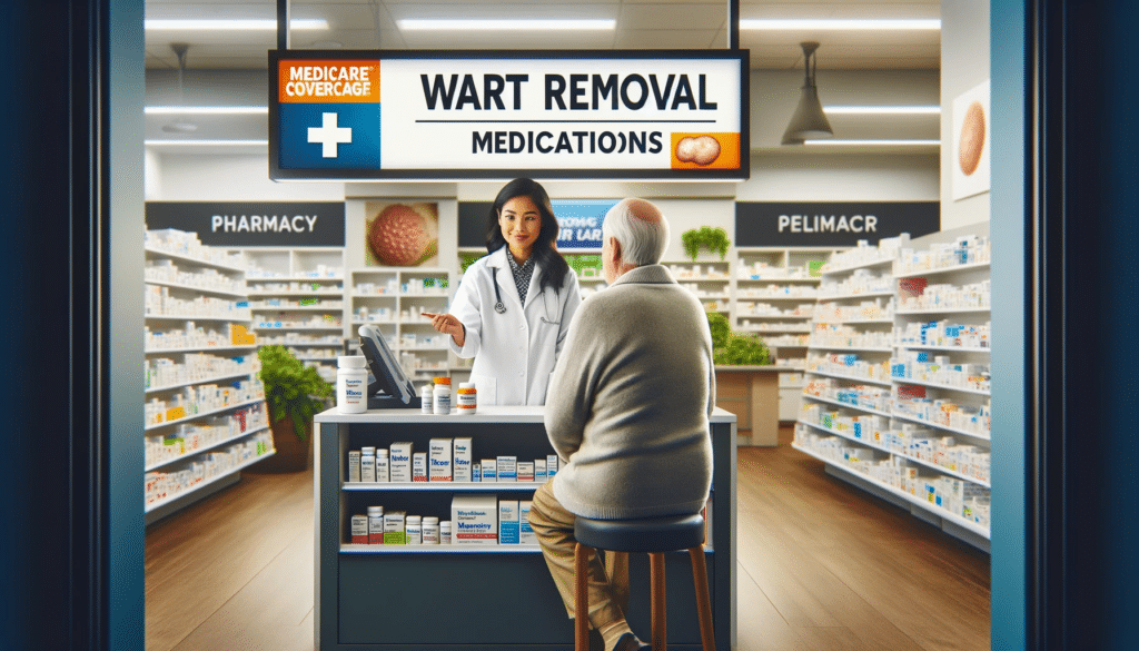 Does Medicare cover wart removal? Pharmacist and patient are discussing Medicare coverage for wart removal in a pharmacy