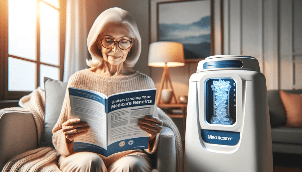 Senior woman reading a brochure about Medicare benefits while sitting on a chair in the living room next to an ice machine