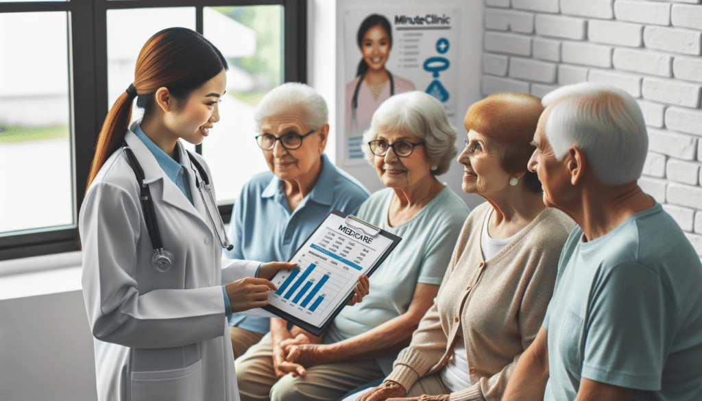 healthcare worker at MinuteClinic with a chart about Medicare talking to patients