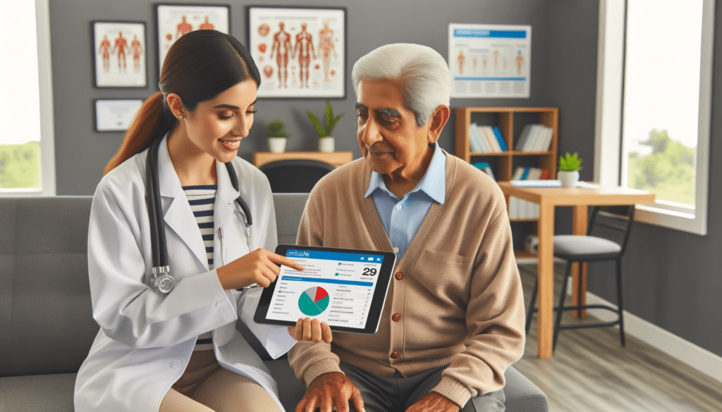 Healthcare worker at MinuteClinic explaining coverage options on a tablet to a patient